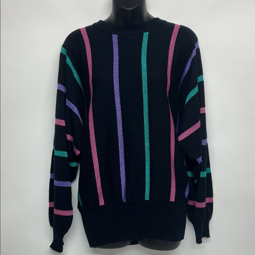 Striped Black Sweater with metallic Multicolor Stripes vintage size medium